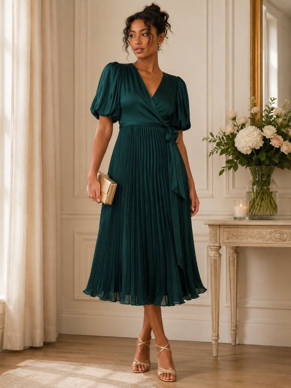 NWT LULUS Exquisite Icon Emerald Green Pleated Puff Sleeve Wrap Dress Sz M